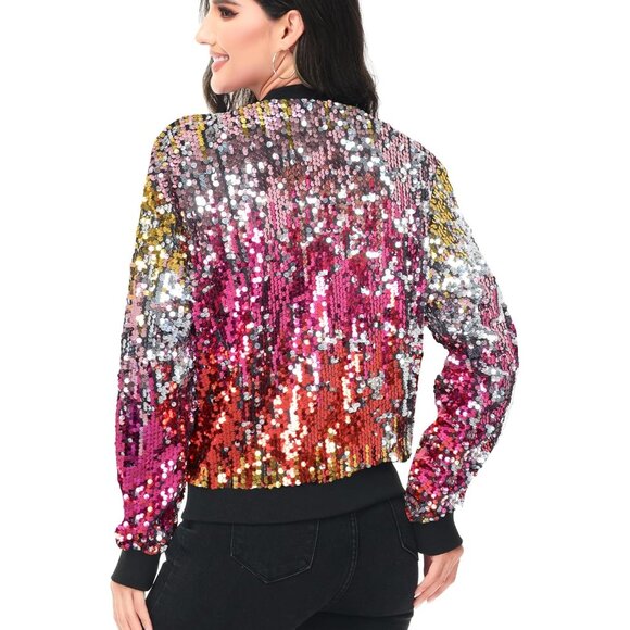 Brand New Women Confetti Polyester Sequin Long Sleeve Front Zip Jacket Bomber - Picture 4 of 6